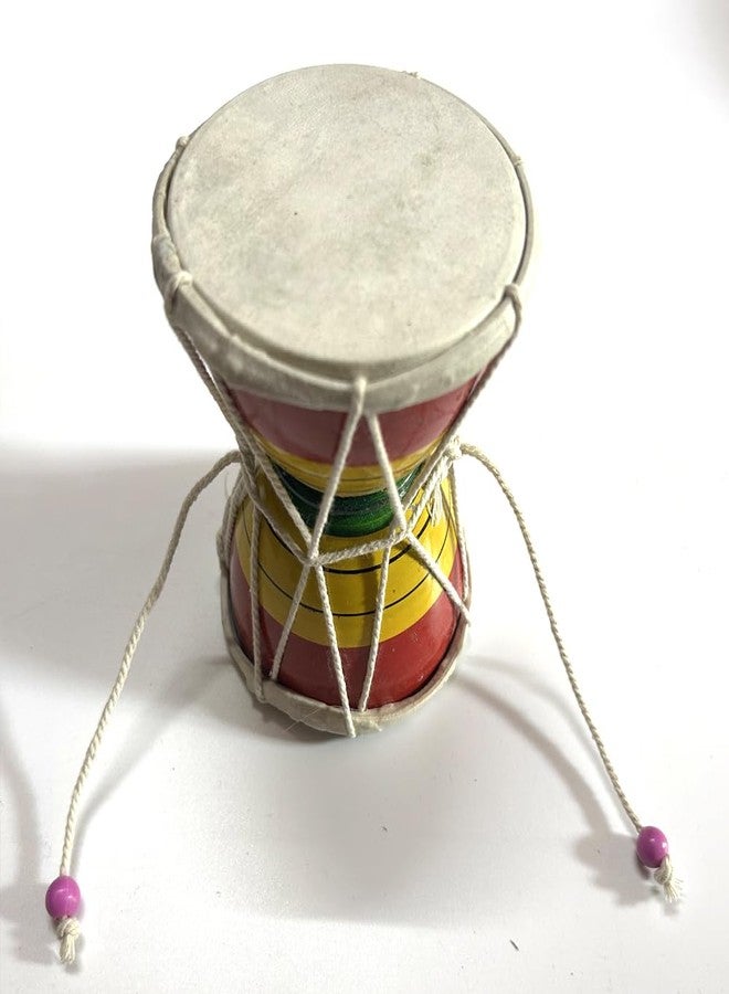 HuBBeR Traditional Indian Damru Hand Percussion Instrument, Handmade Musical Drum with Rope Design, Red and Yellow, Decorative Kids Toy (Large) - Image 3